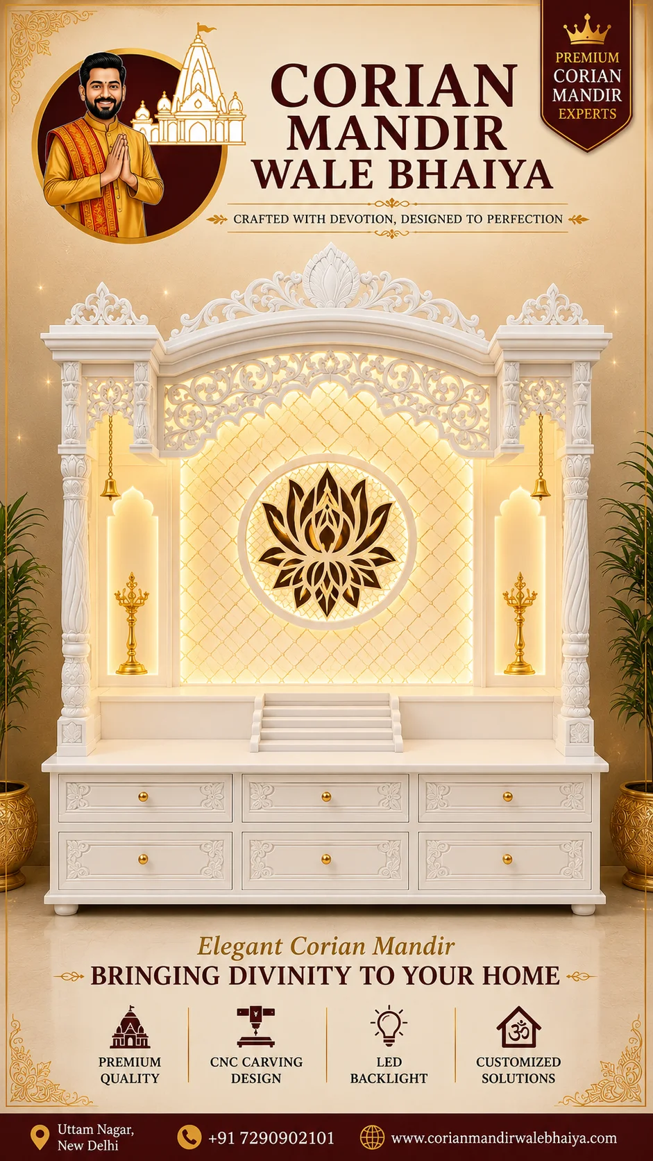 luxury corian mandir, white lotus mandir, led backlit pooja unit, royal pillar temple design, cnc carved mandir, arched home temple, premium corian pooja space, elegant storage mandir