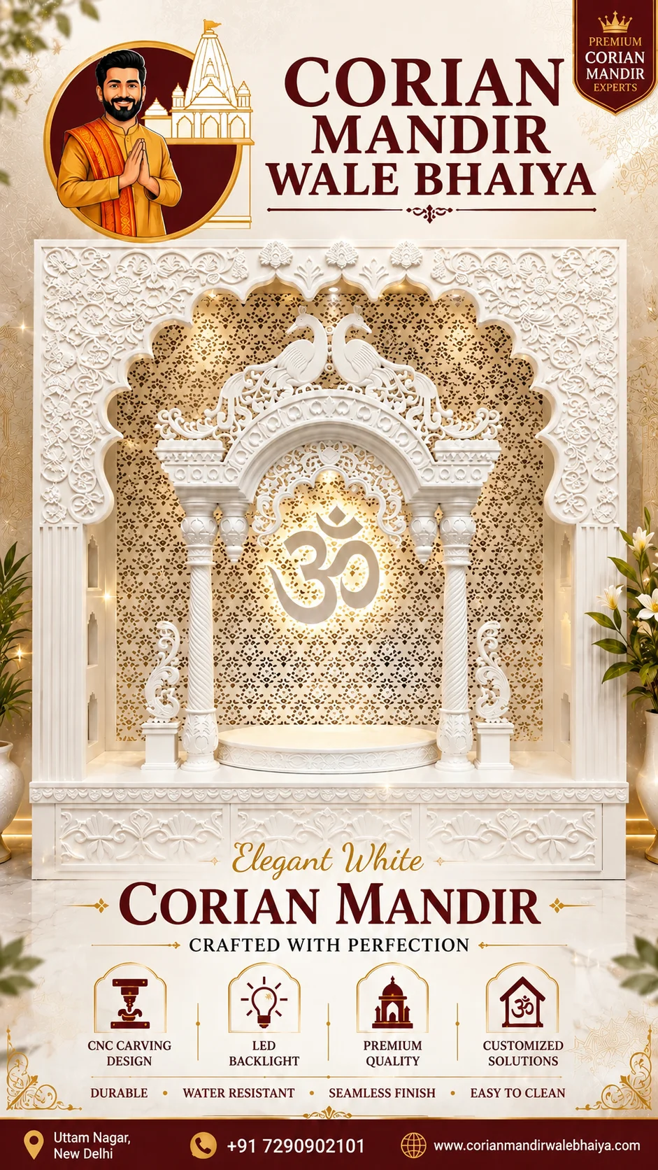 luxury corian mandir, white pooja unit, om wall design, peacock arch mandir, cnc carved temple, led backlit mandir, jaali pattern mandir, premium home temple