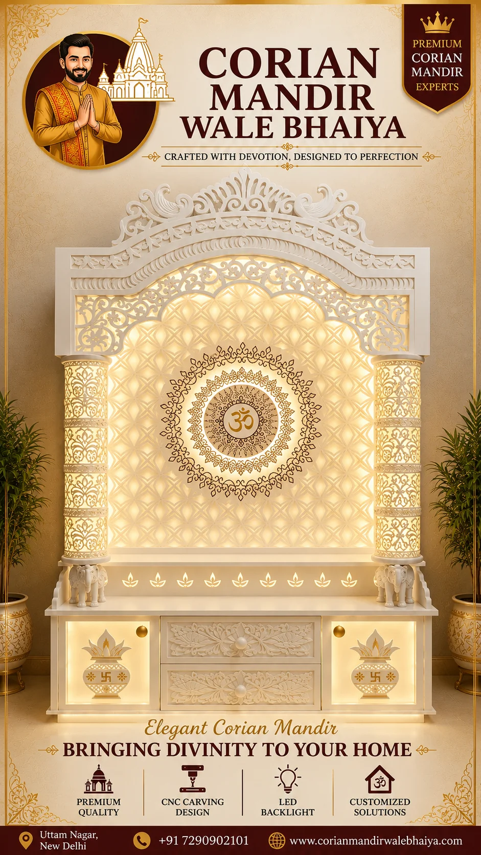 luxury corian mandir, white om mandir, ornamental jaali temple, led backlit pooja unit, cnc carved mandir, royal arch design, elegant home temple, decorative corian pooja space