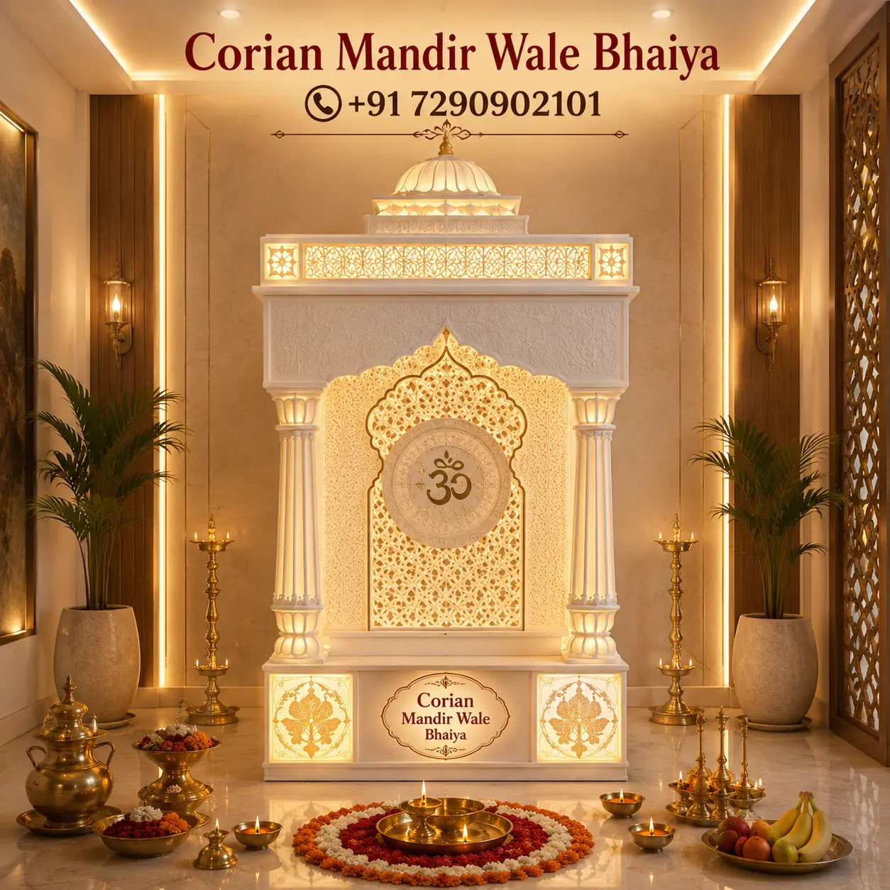 luxury corian mandir, white om temple design, dome style pooja unit, led backlit jaali mandir, carved pillar temple, premium home mandir, decorative spiritual space, elegant indoor pooja room
