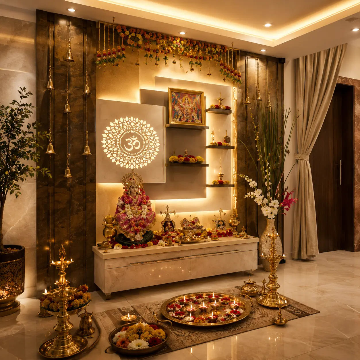 Luxury Corian Pooja Ghar Design for Modern Home Temple Interior