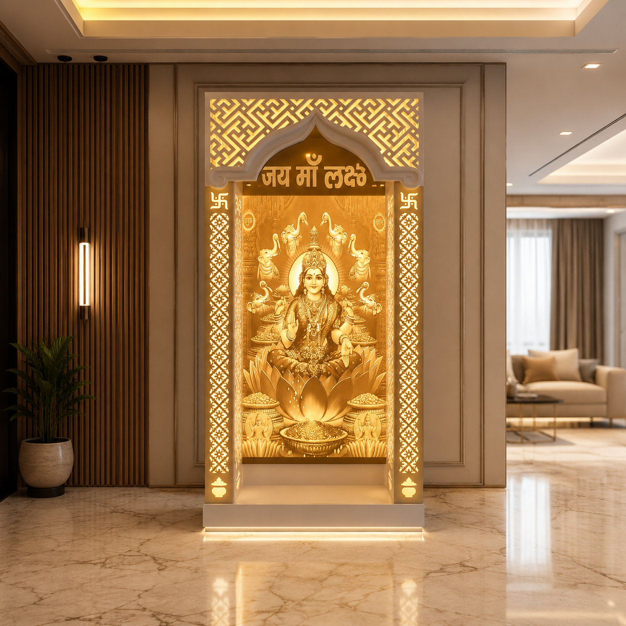 modern laxmi mata mandir, glowing devotional wall panel, led backlit pooja unit, jaali arch temple design, luxury home mandir, spiritual decorative panel, elegant indoor temple, illuminated pooja space