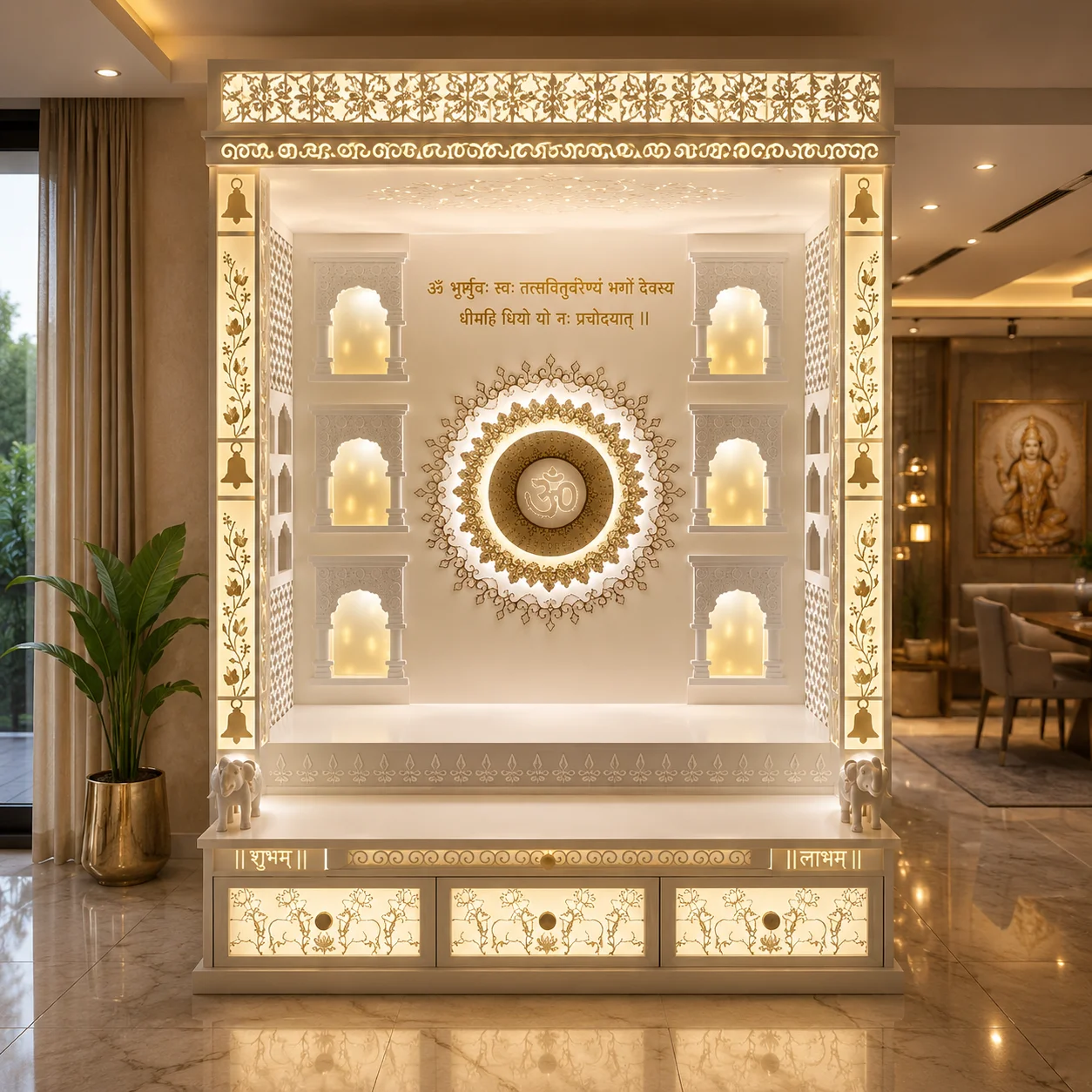 luxury white corian mandir, om mandala wall design, illuminated niche temple, led backlit pooja unit, floral carved drawers, decorative spiritual space, premium home mandir, elegant indoor temple