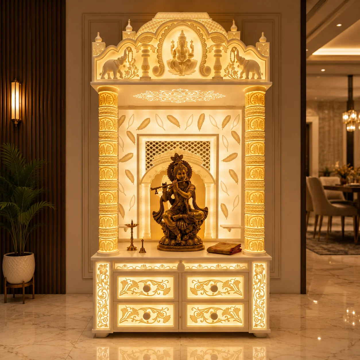 luxury krishna corian mandir, glowing pillar pooja unit, peacock feather wall design, carved arch temple, led backlit home mandir, decorative spiritual cabinet, elegant indoor temple, premium pooja space