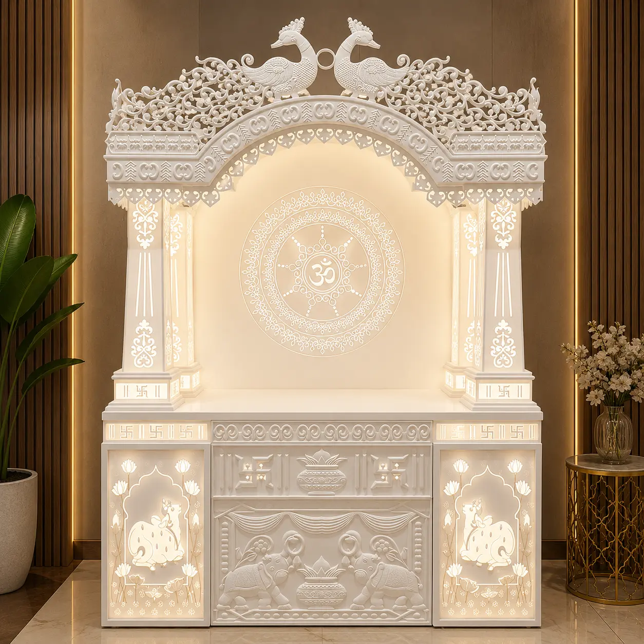 Contemporary Corian Home Mandir with traditional carvings
