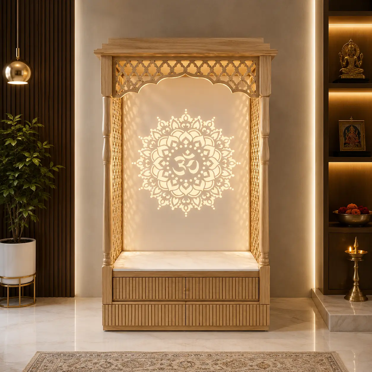 modern wooden corian mandir, om mandala wall design, led backlit pooja unit, carved arch temple, wooden pillar mandir, compact home temple, decorative spiritual space, elegant pooja cabinet