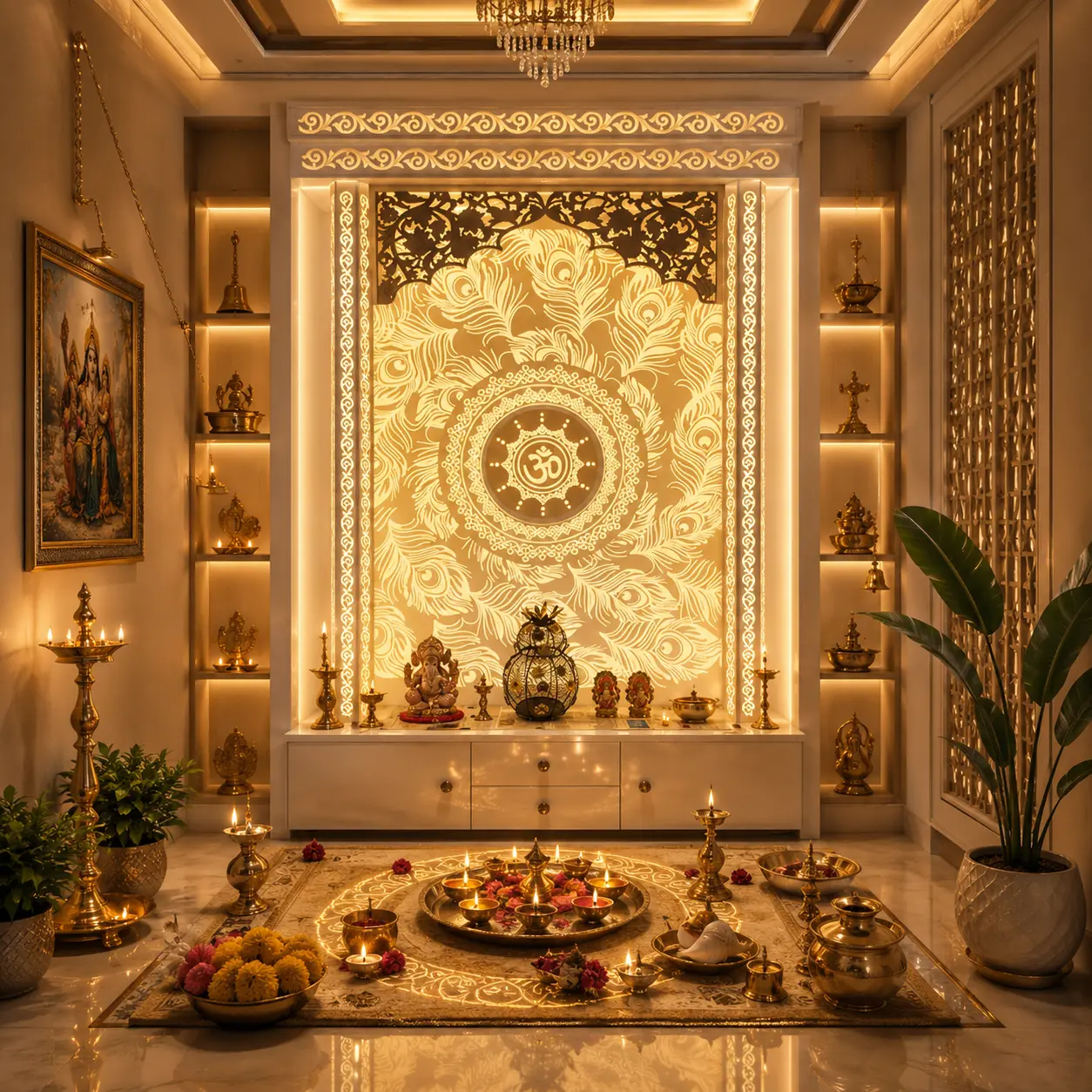 luxury corian mandir, peacock feather om design, led backlit pooja wall, decorative spiritual mandir, illuminated home temple, premium pooja space, modern corian temple, elegant devotional interior