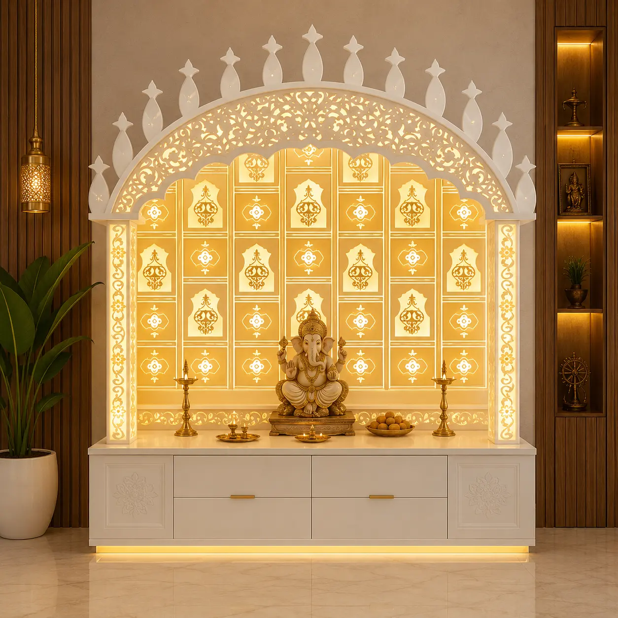 Corian Mandir With Jali and Warm Light