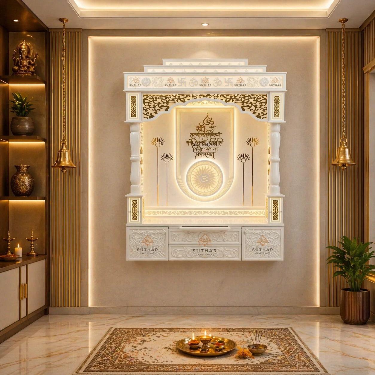 customized corian mandir, white wall mounted temple, om devotional design, led backlit pooja unit, carved arch mandir, floating pooja cabinet, luxury home temple, elegant spiritual wall decor