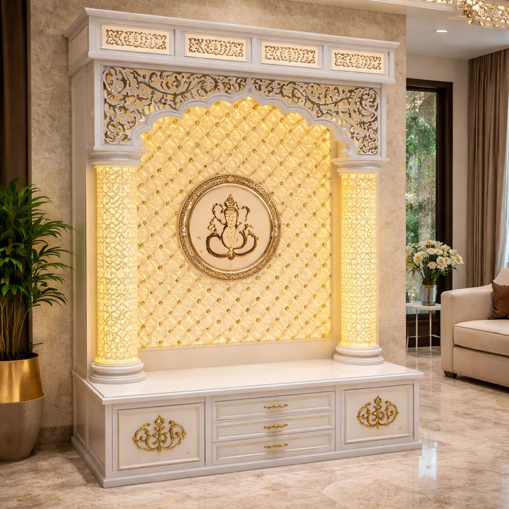 luxury ganpati corian mandir, white led pooja unit, ganesha wall design, glowing pillar mandir, cnc jaali temple, royal arch pooja space, premium home temple, decorative storage mandir