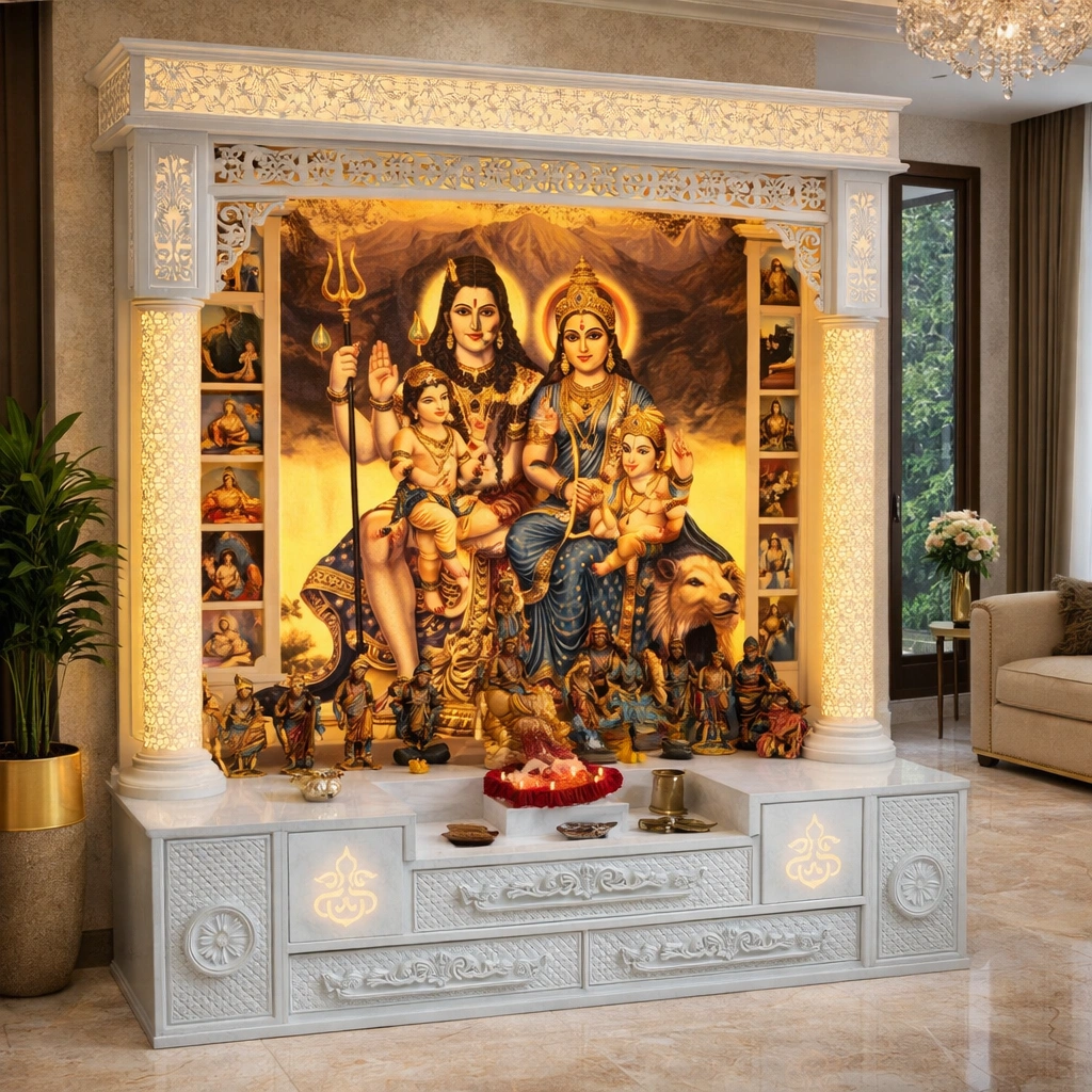 Shiv Parivar Corian Temple With Lighting and Drawer