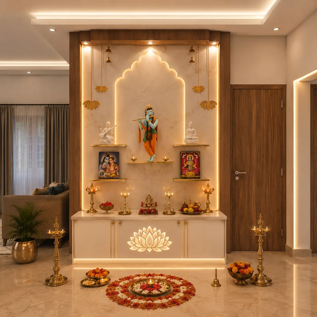 modern wall mounted mandir, krishna pooja unit, led arch temple design, lotus panel cabinet, decorative home mandir, spiritual wall temple, elegant pooja space, luxury indoor mandir