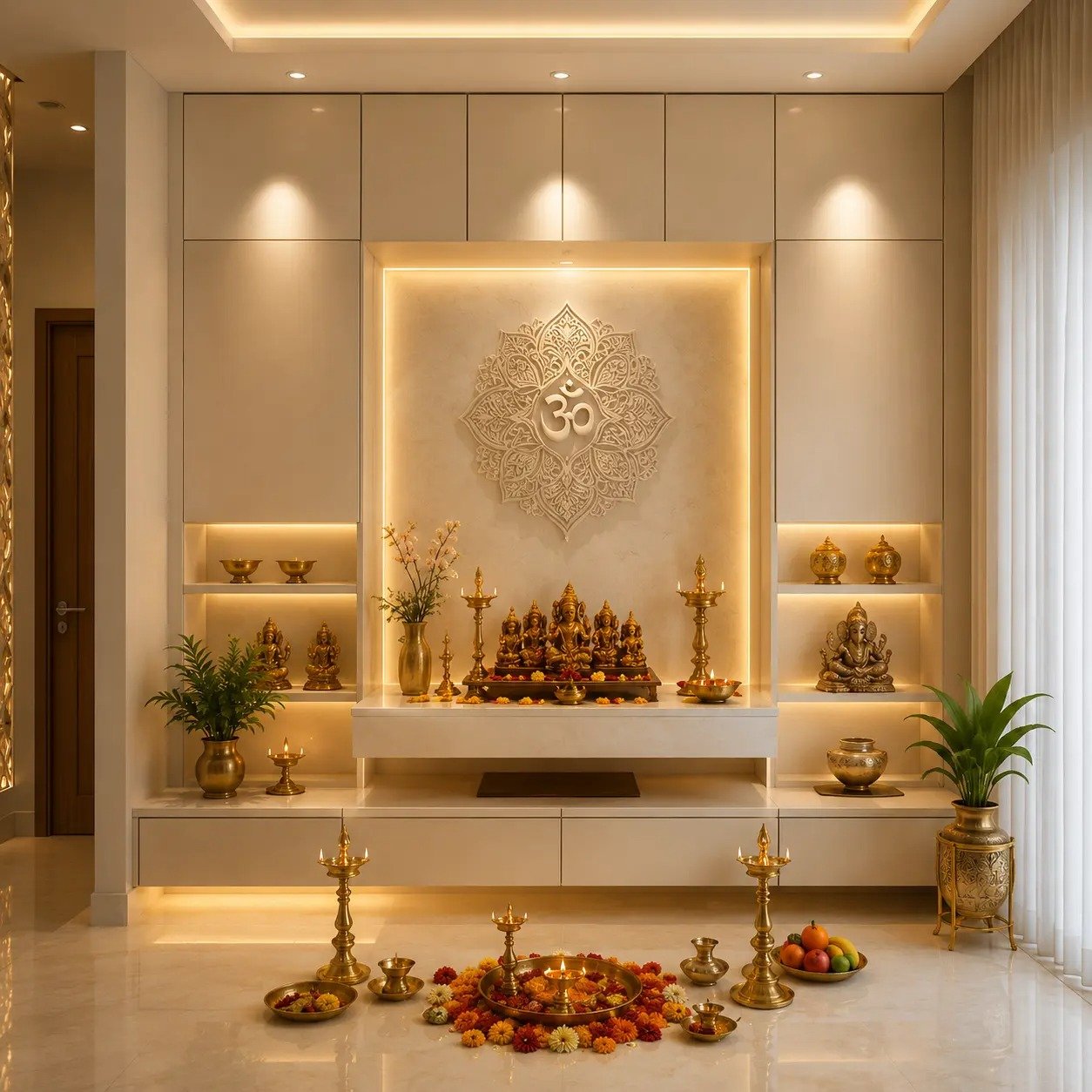 modern wall mounted mandir, white led pooja unit, om mandala wall art, floating temple cabinet, luxury home temple, decorative spiritual interior, elegant pooja space, modular corian mandir