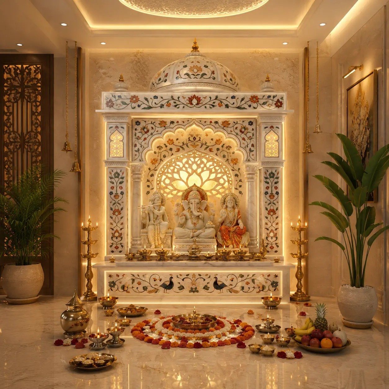 luxury marble corian mandir, floral dome pooja design, ganesha laxmi saraswati temple, lotus jaali backdrop, led backlit home mandir, decorative spiritual interior, premium pooja room, elegant devotional space