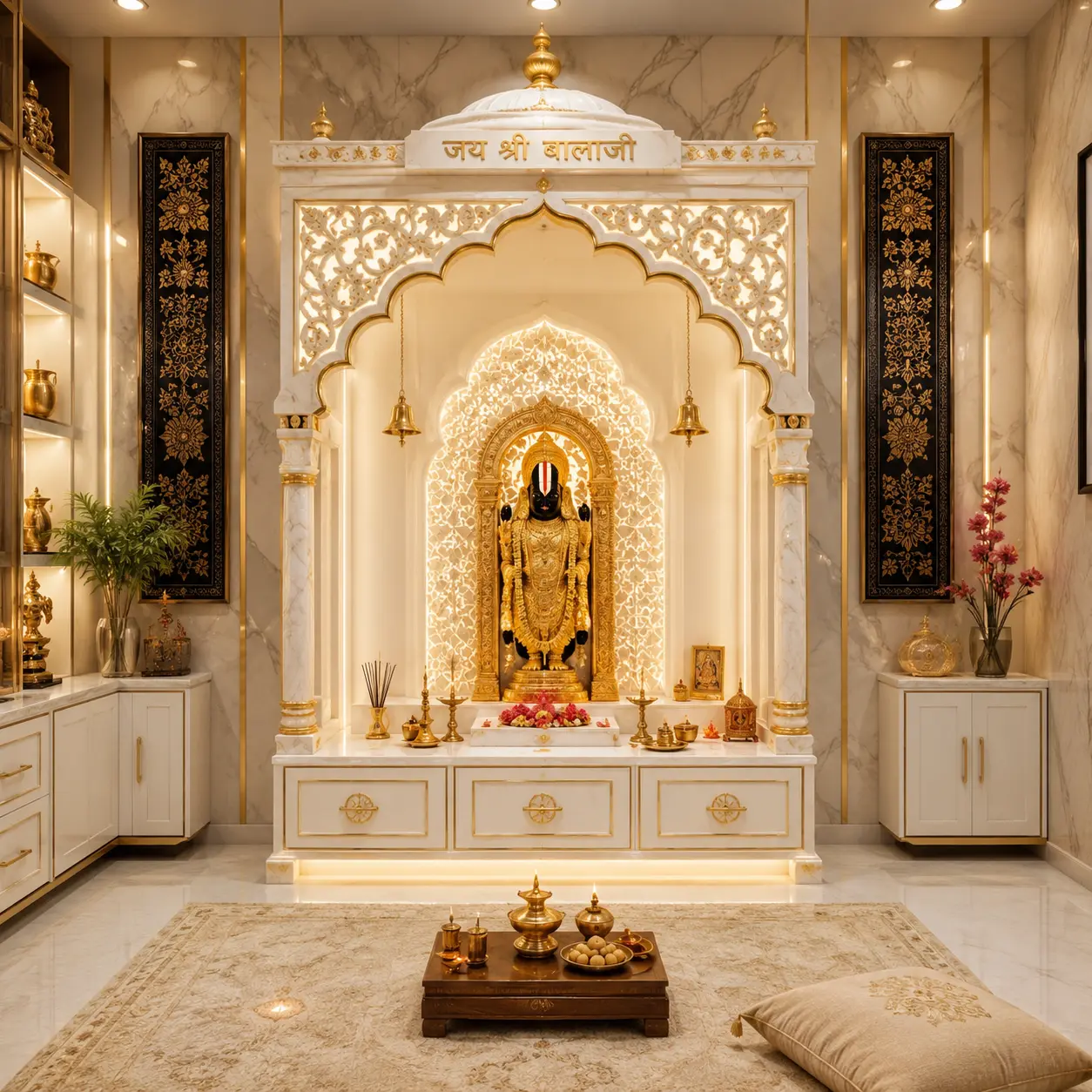 Balaji mandir, Corian Mandir, Home temple, Modern temple, Temple For home, Mandir design