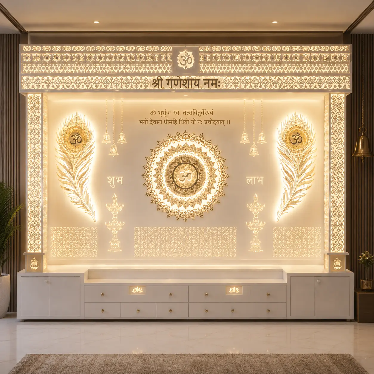 Customized corian pooja unit with marble finish, Home Temple, Mandir design, Corian temple, marble temple