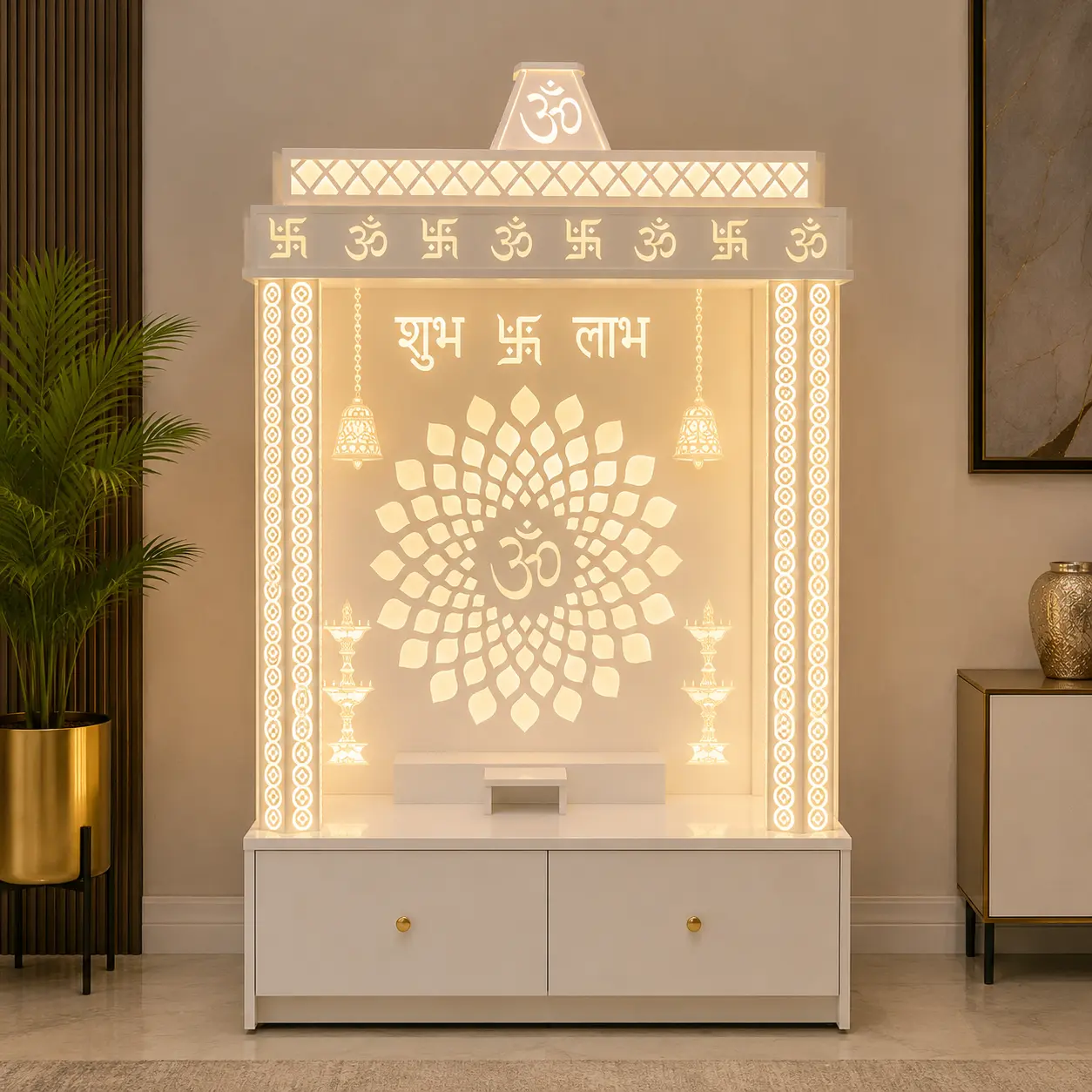 Modern corian home temple for small spaces, Home temple, Modern temple, Temple For home, Mandir design