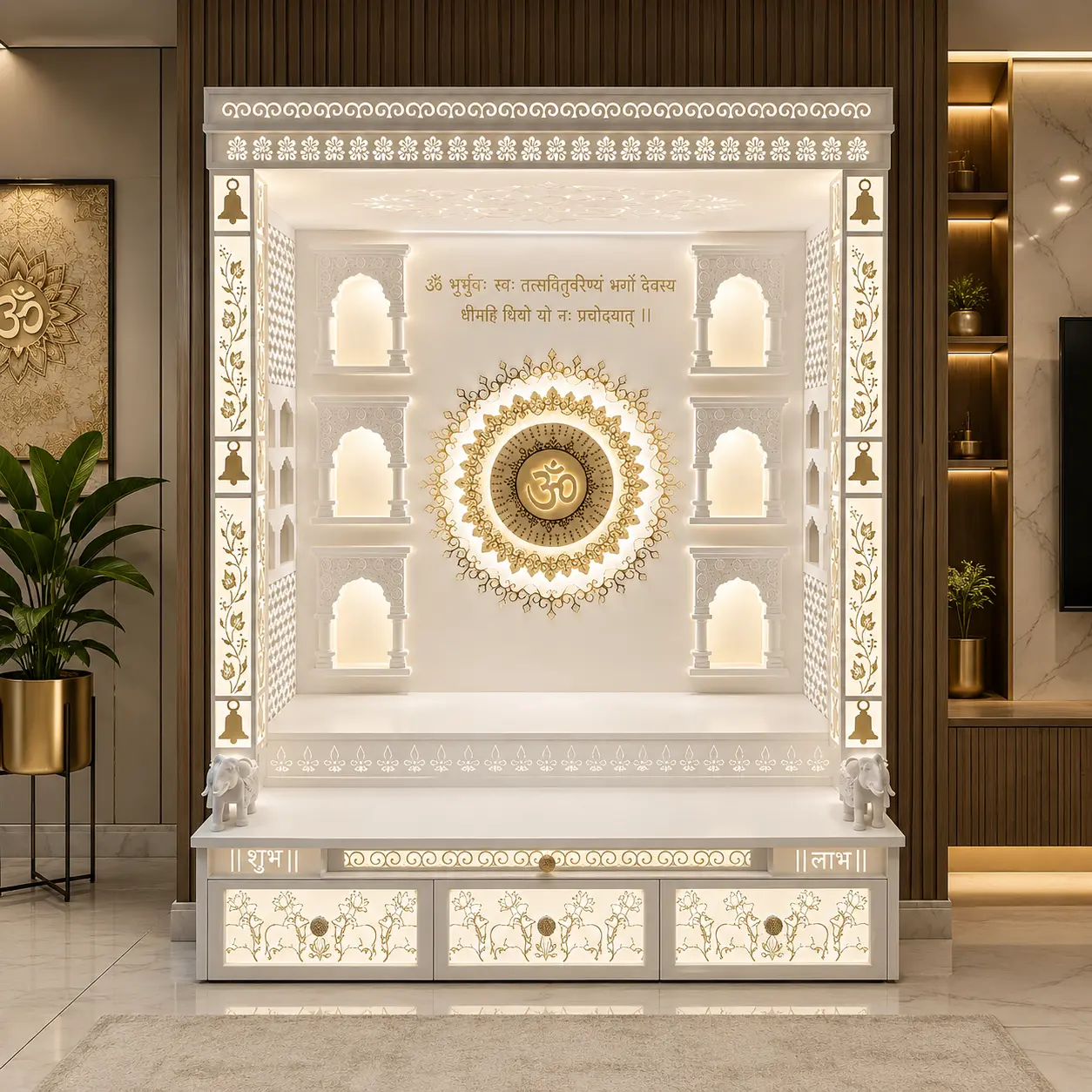 Mandir Design, Corian Temple, Temple Design, Corian Mandir Design, Temple for home, Home Temple, premium white corian mandir with drawer storage