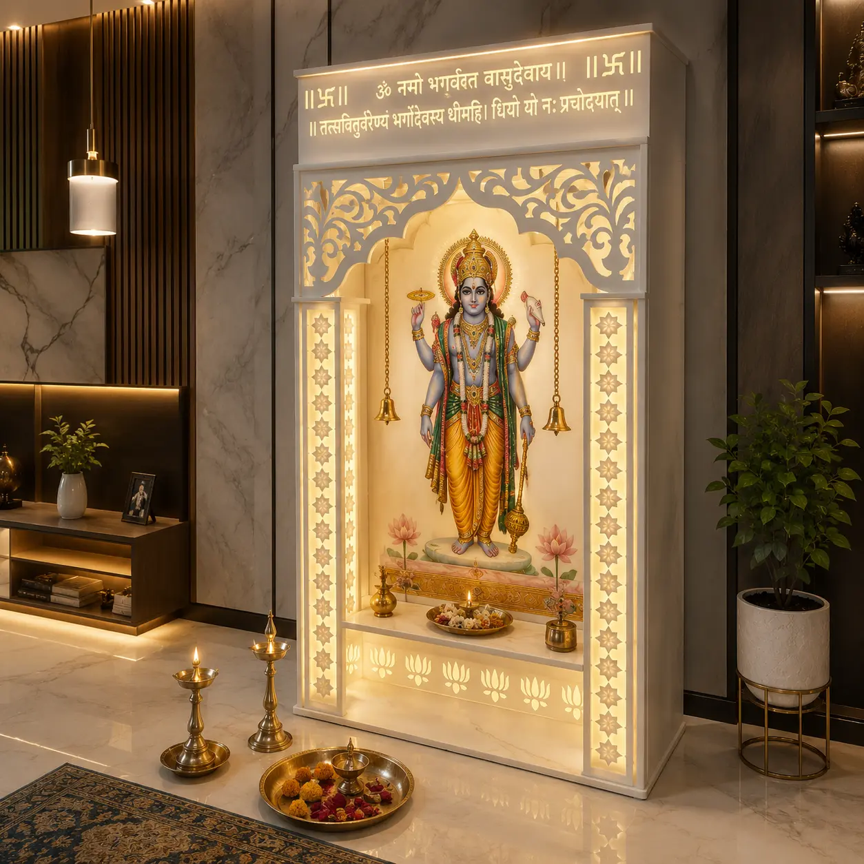 Modern Corian Mandir Design for Home with Vishnu Bhagwan